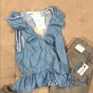 Zara chambray ruffle sleeveless wrap top XXS